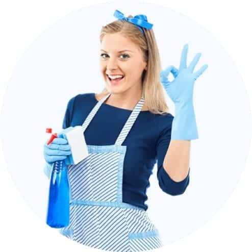 A woman in a blue apron holding a blue cleaning spray specializes in houston phone repair.