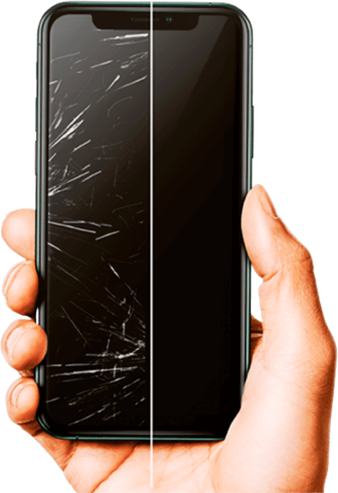 A hand holding an iPhone with a broken screen in need of cell phone repair.